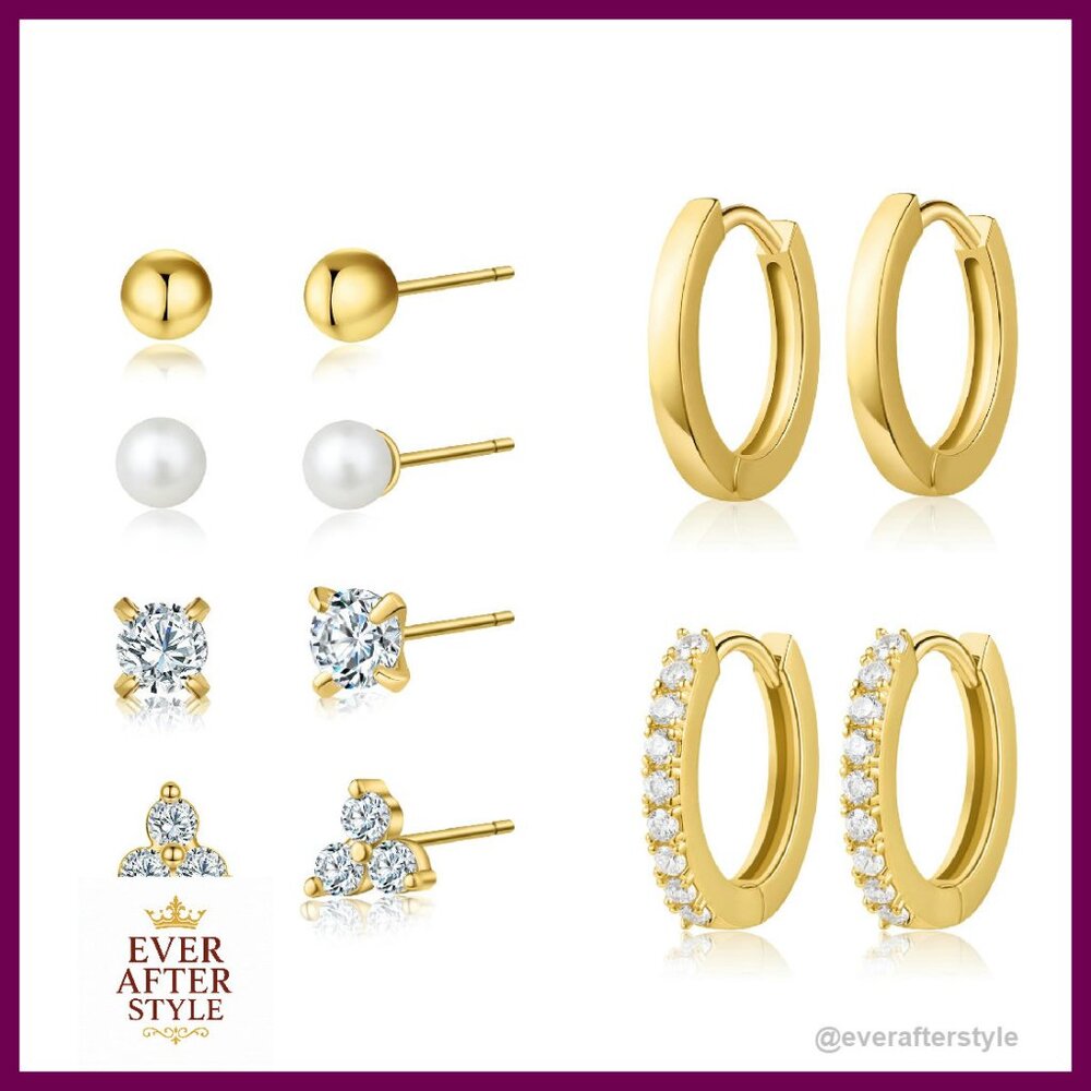 18k Gold Filled Cz Stud Huggie Hoop Earrings Set Hypoallergenic Minimal